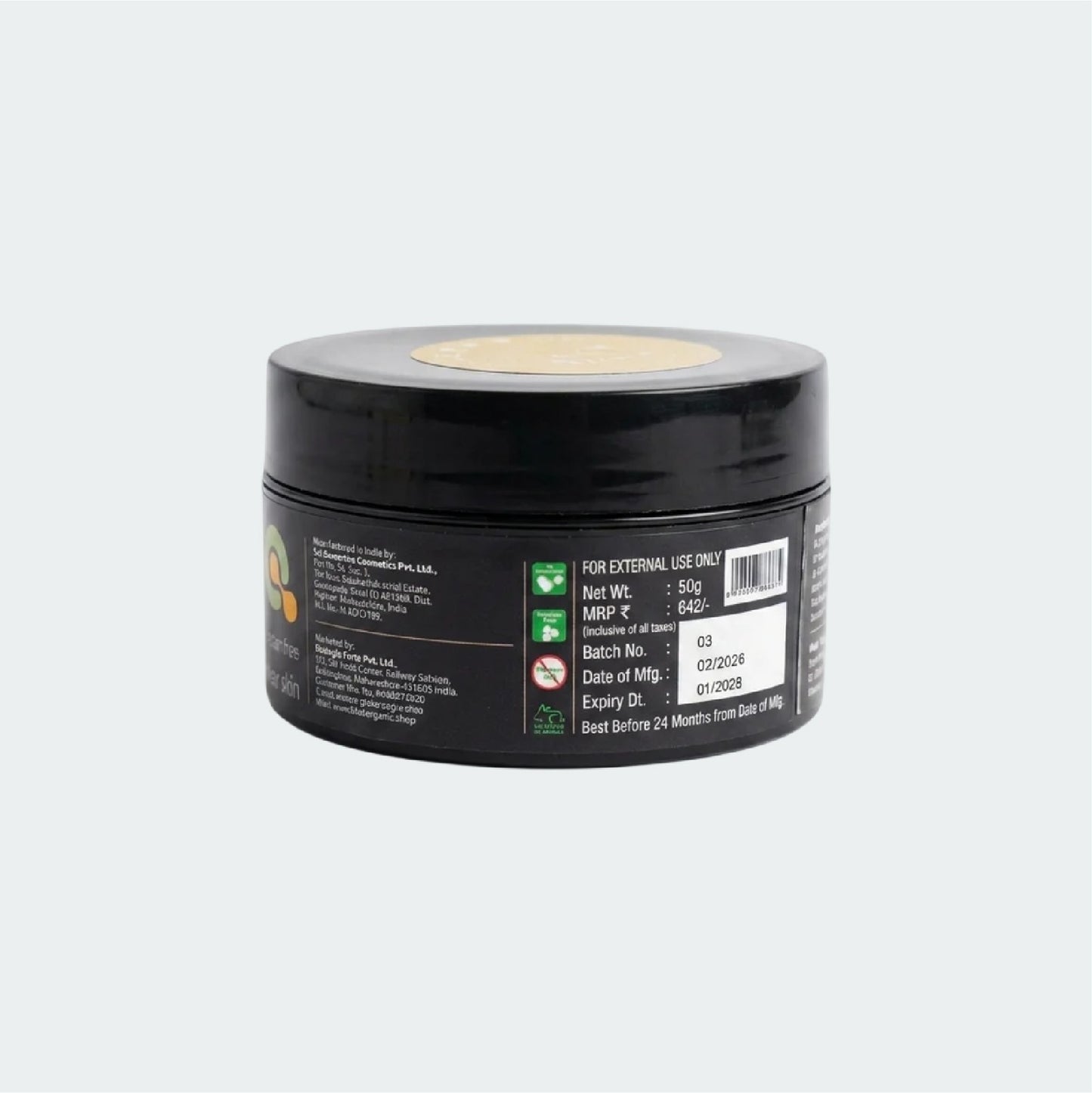Back label of Tito’s Organic Acne Control Cream showing ingredients, MRP, and manufacturing details