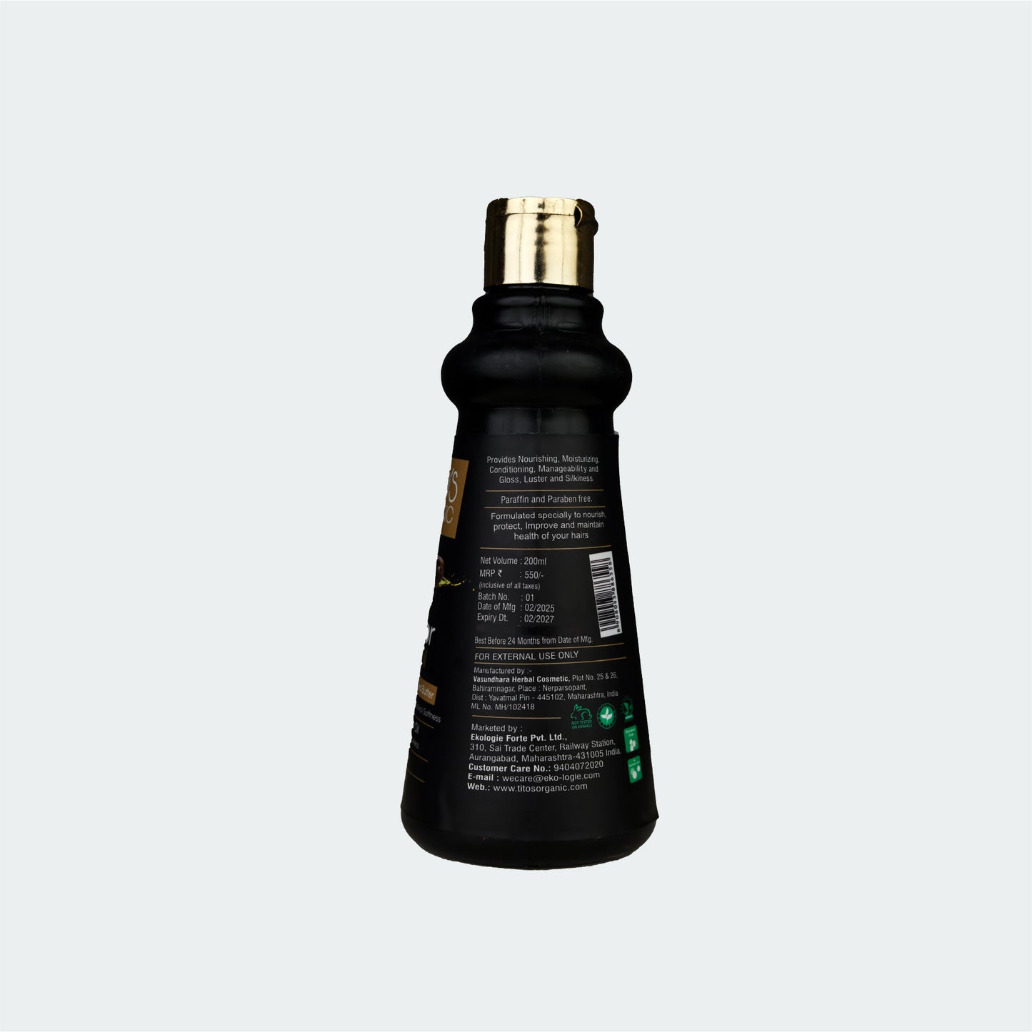 Back view of Tito’s Organic Castor Hair Oil showing ingredients usage directions and product information