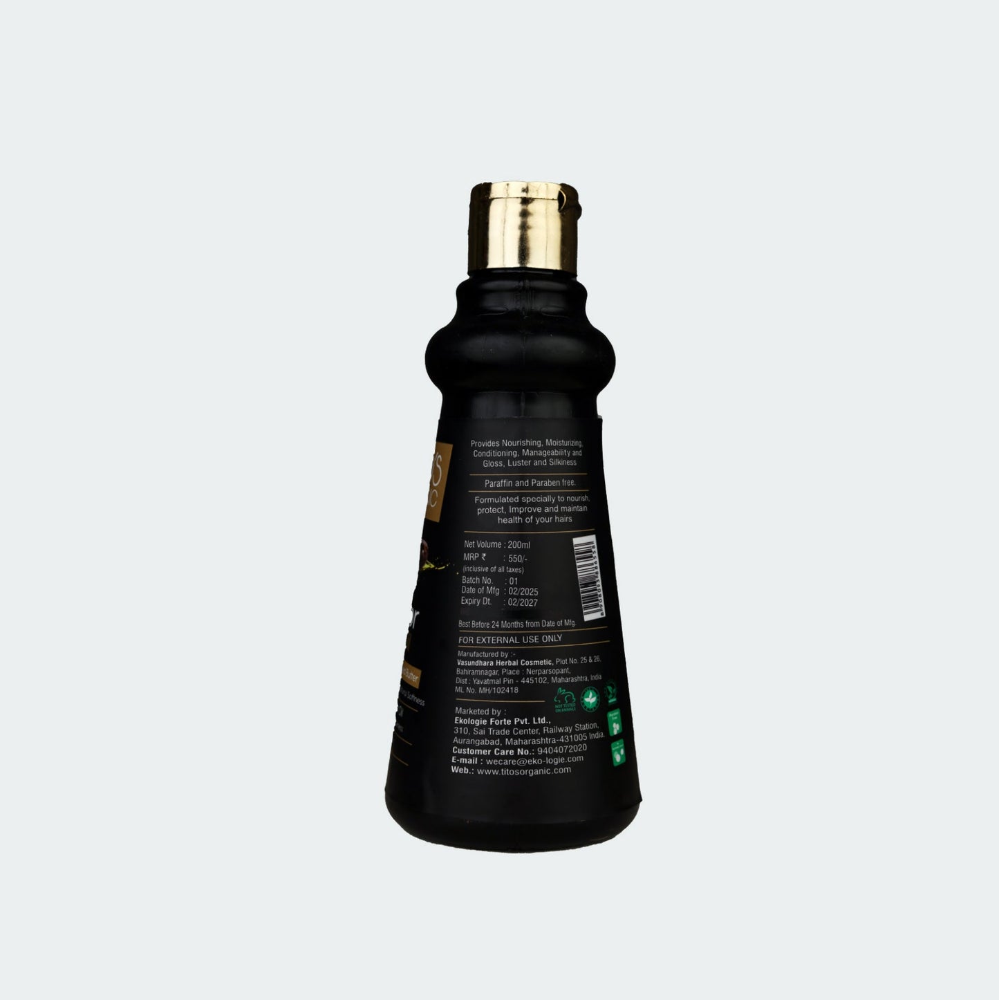 Back view of Tito’s Organic Castor Hair Oil showing ingredients usage directions and product information