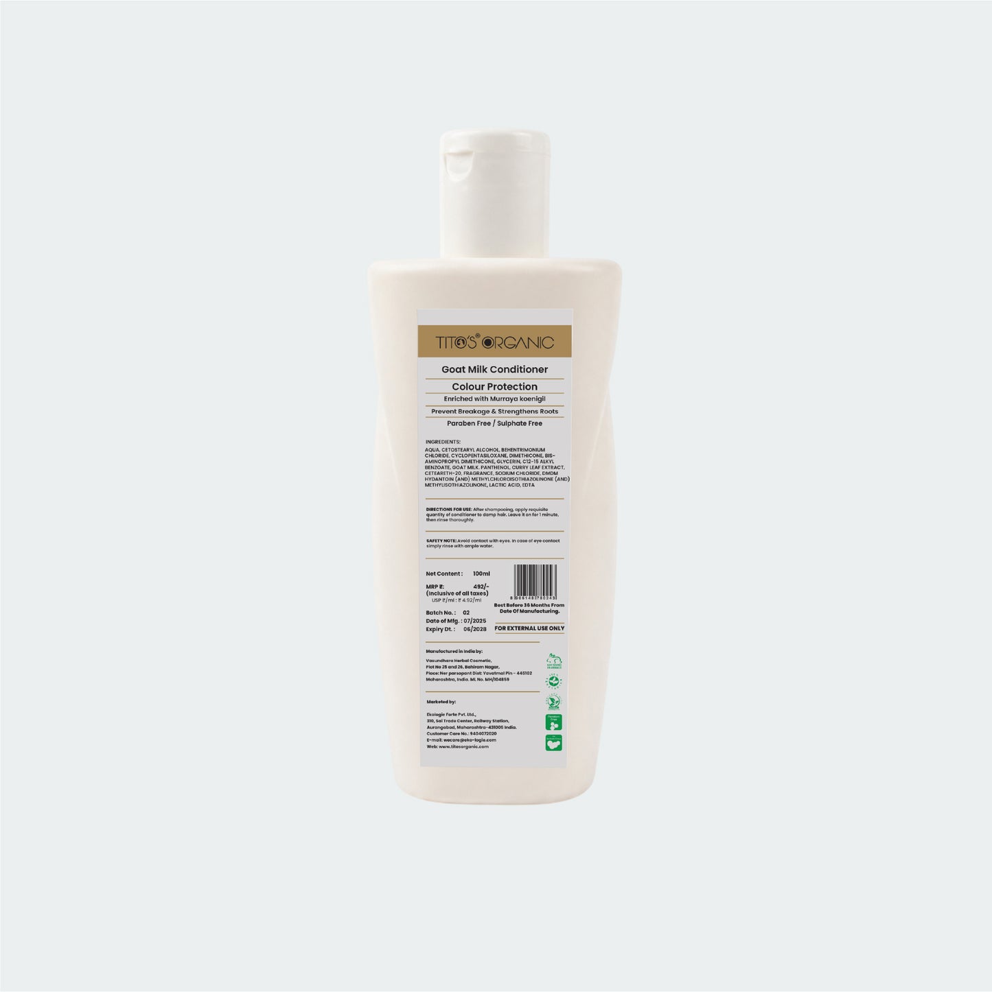 Back label of Tito’s Organic Goat Milk Colour Protection Conditioner showing ingredients usage directions and product details