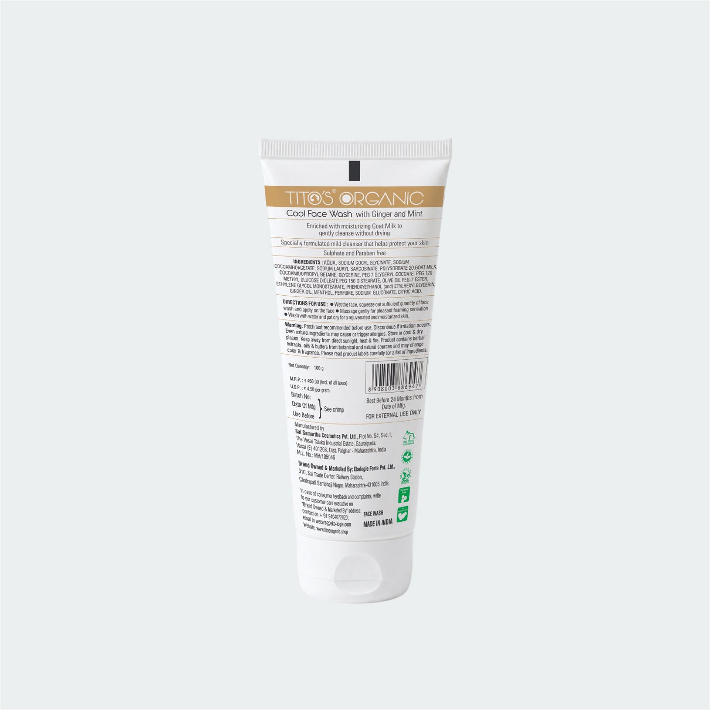 Back view of Tito’s Organic Goat Milk Cool Face Wash showing ingredients, usage instructions, and product details