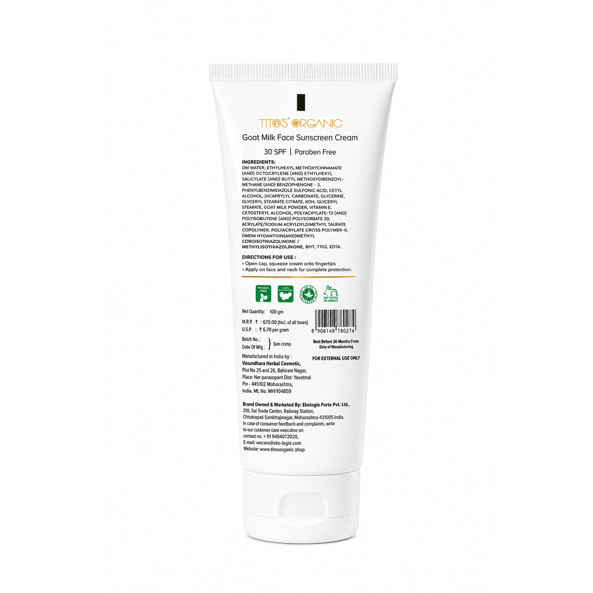 Tito's Organic Goat Milk Face Sunscreen Cream 100g back view