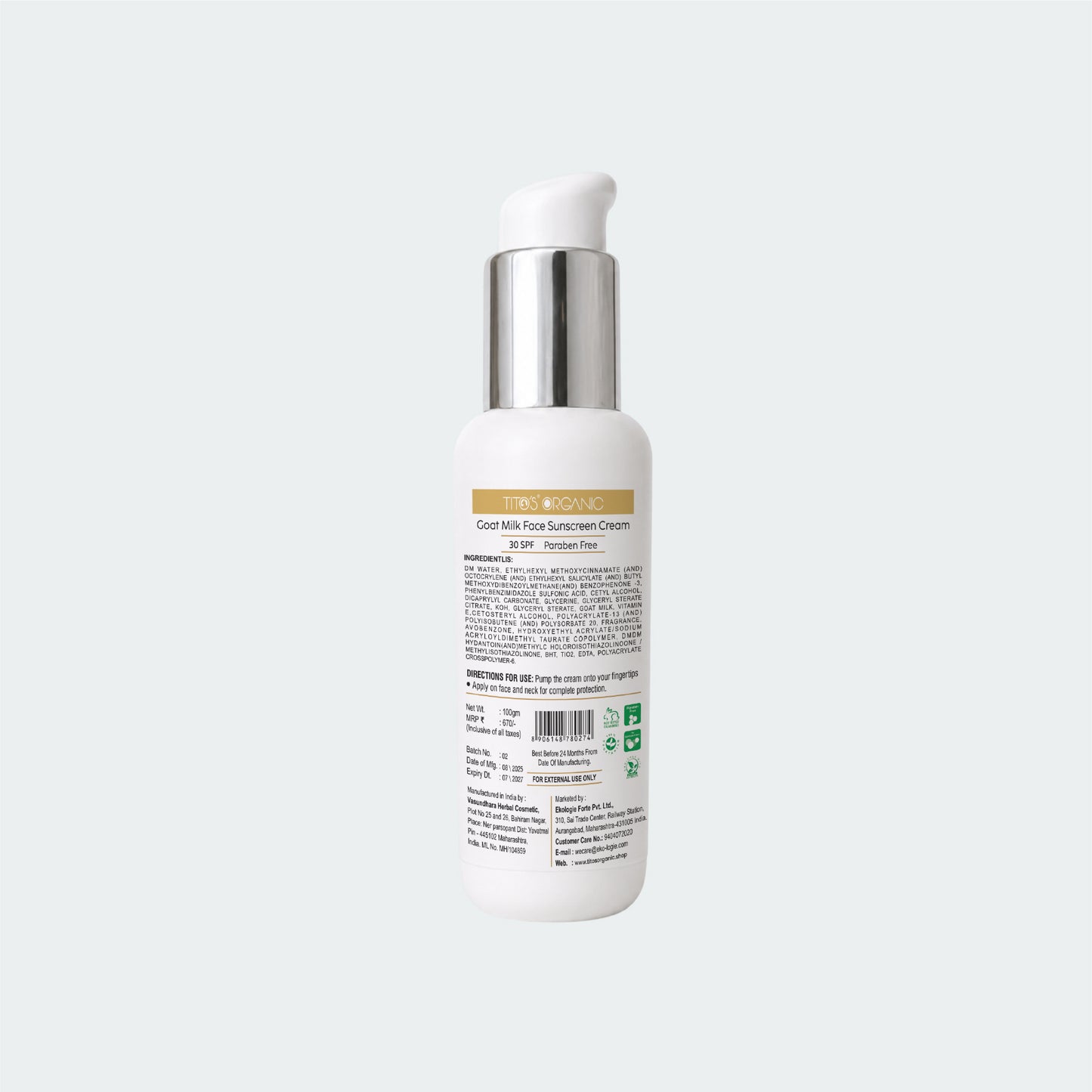 Back view of Tito’s Organic Goat Milk Face Sunscreen Cream SPF 30 showing ingredients directions and product details
