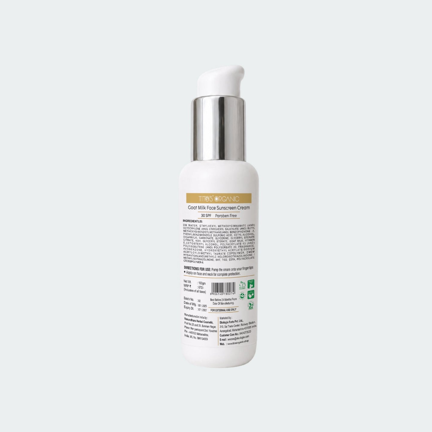 Back view of Tito’s Organic Goat Milk Face Sunscreen Cream SPF 30 showing ingredients directions and product details