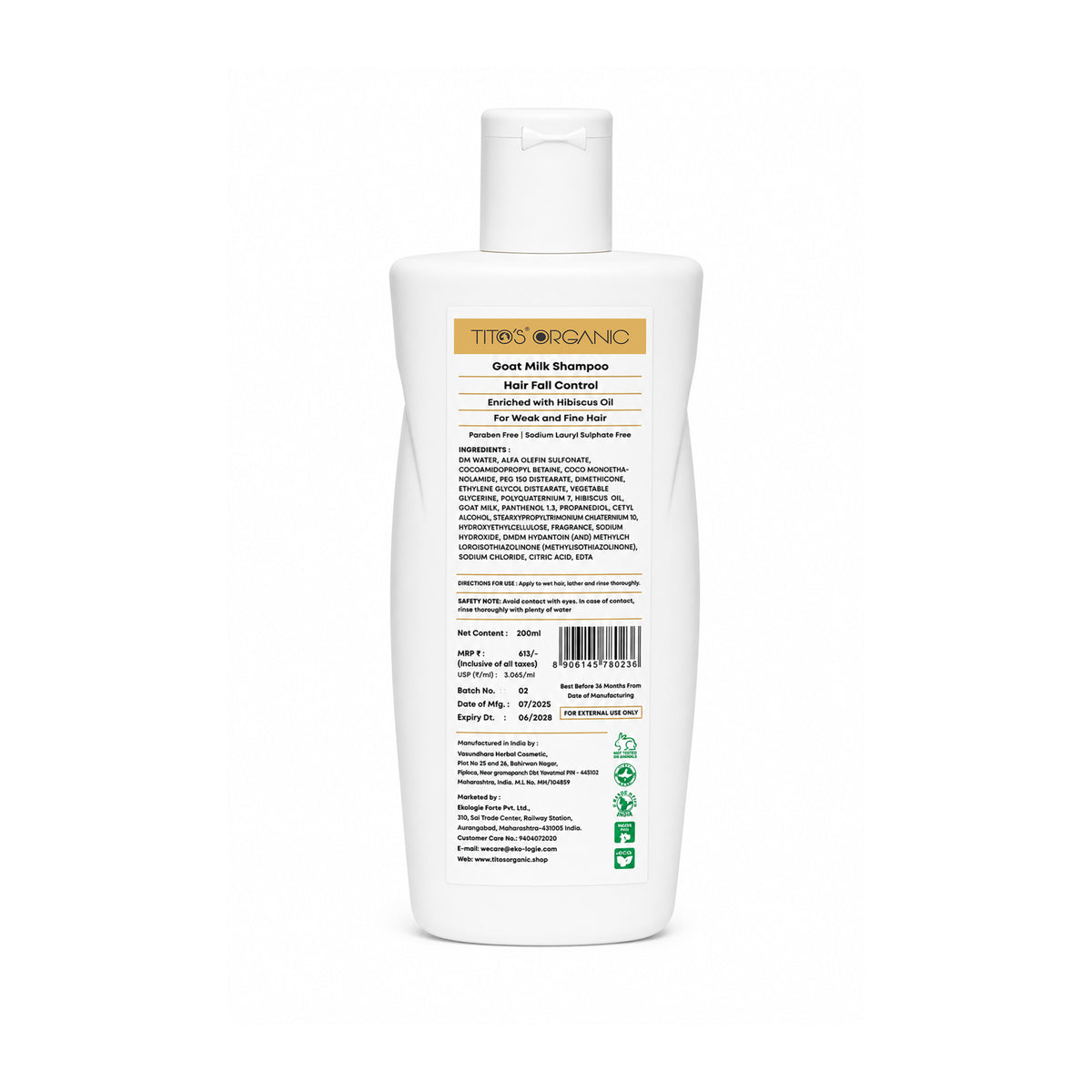 Tito's Organic Goat Milk Hair Fall Control Shampoo 200ml Back