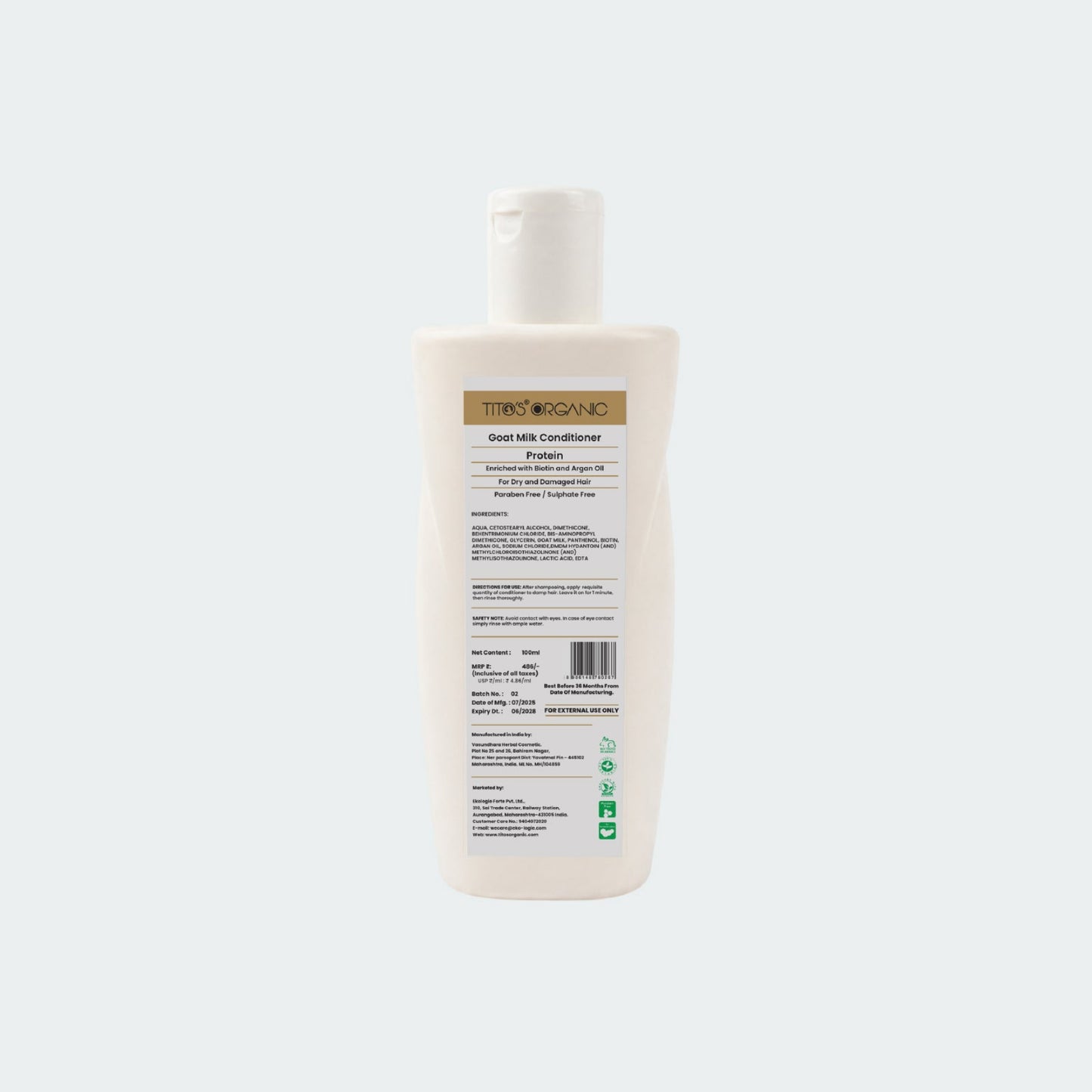 Back label of Tito’s Organic Goat Milk Protein Conditioner showing ingredients directions and product information