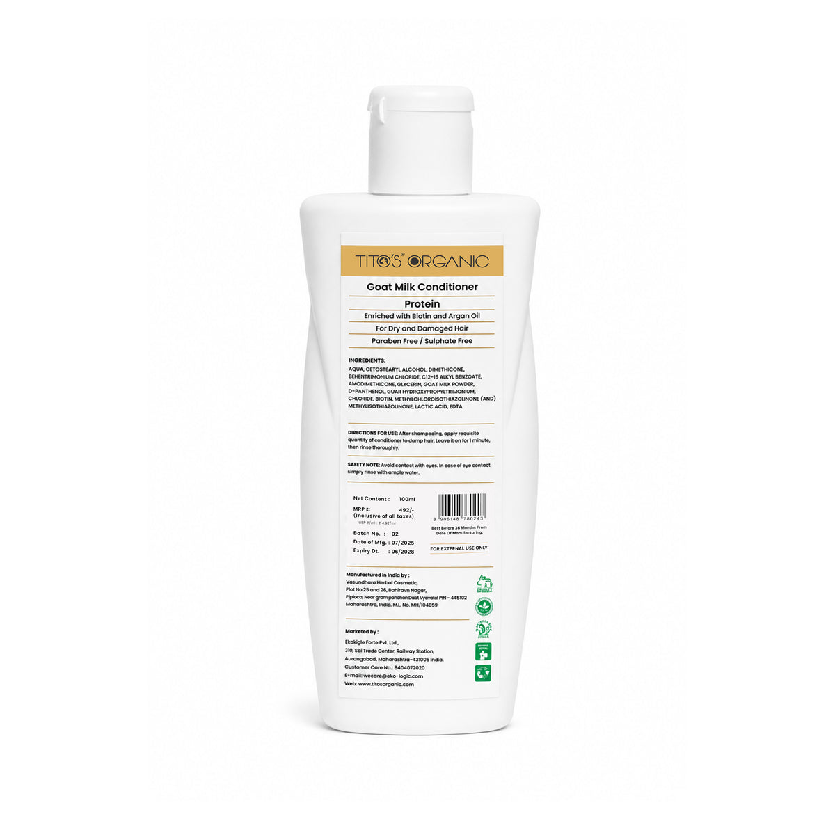 Tito's Organic Goat Milk Protein Conditioner 100ml back view