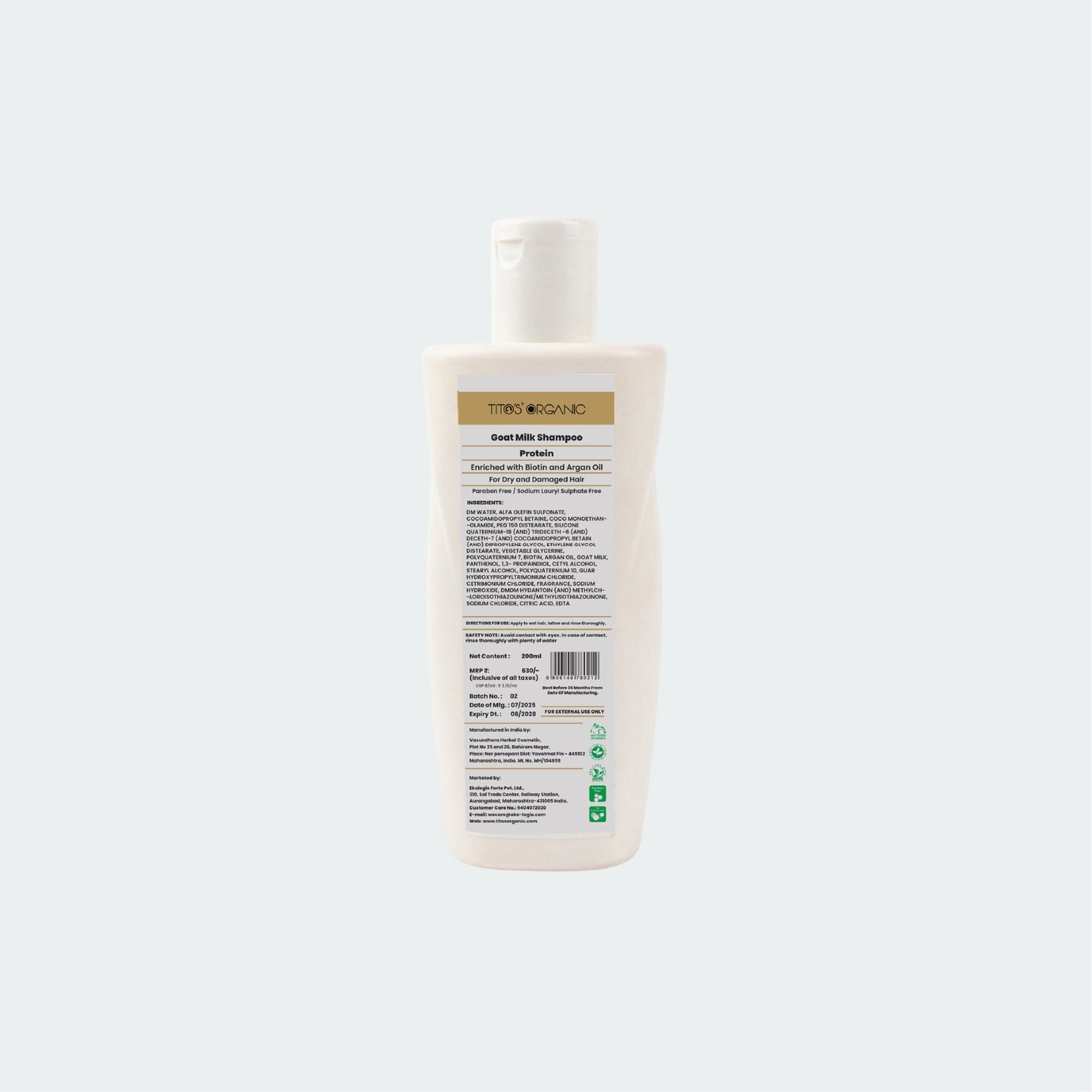 Back label of Tito’s Organic Goat Milk Protein Shampoo showing ingredients directions and product information