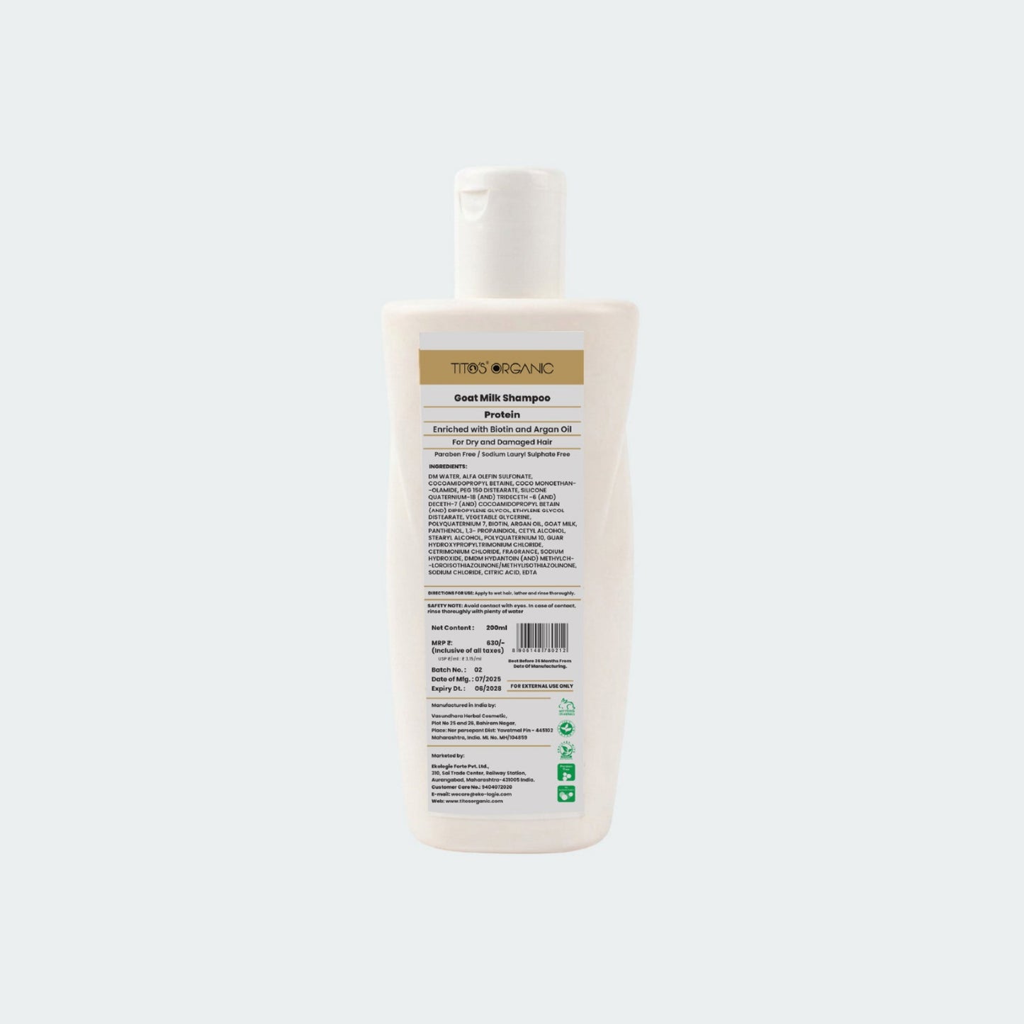 Back label of Tito’s Organic Goat Milk Protein Shampoo showing ingredients directions and product information