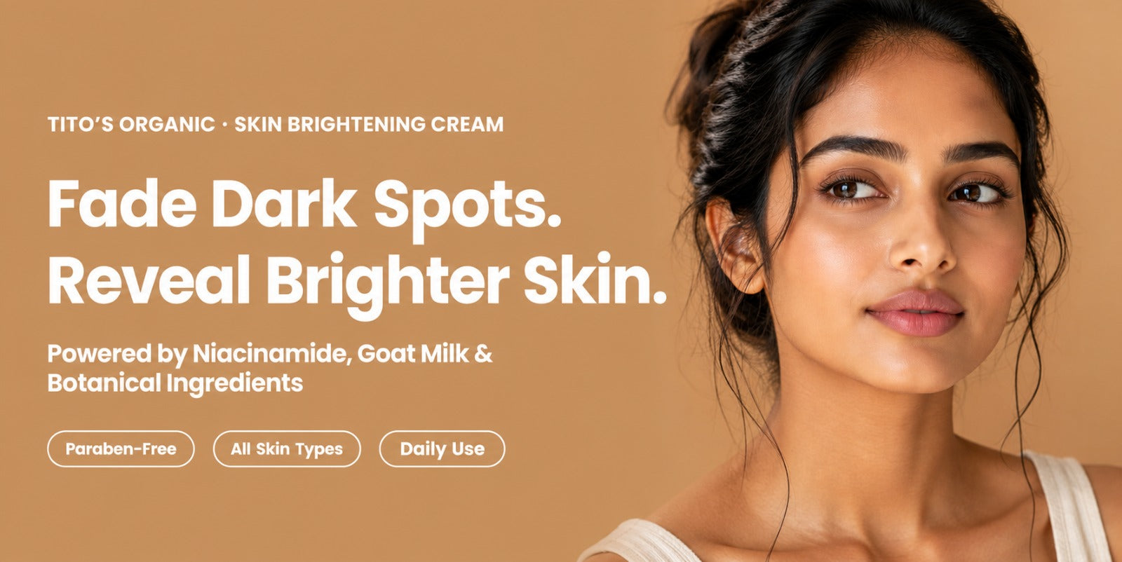 Woman with clear, glowing skin promoting a niacinamide and goat milk cream for dark spots and uneven skin tone
