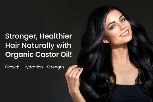 Woman with long shiny healthy hair promoting organic castor oil for hair growth hydration and strength