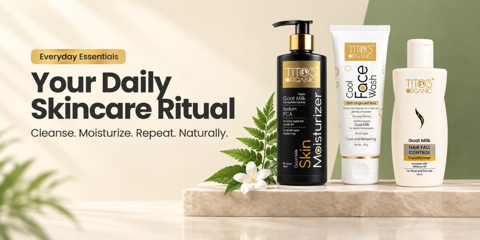 Tito's Organic daily offers banner - special deals on goat milk skincare, hair care, and beauty bars.