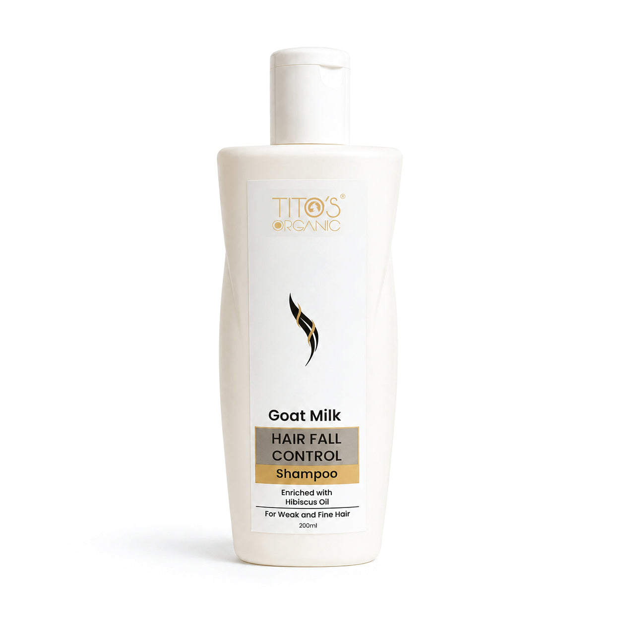 A white bottle of Titos Organic Goat Milk Hair Fall Control Shampoo on a clean white background.