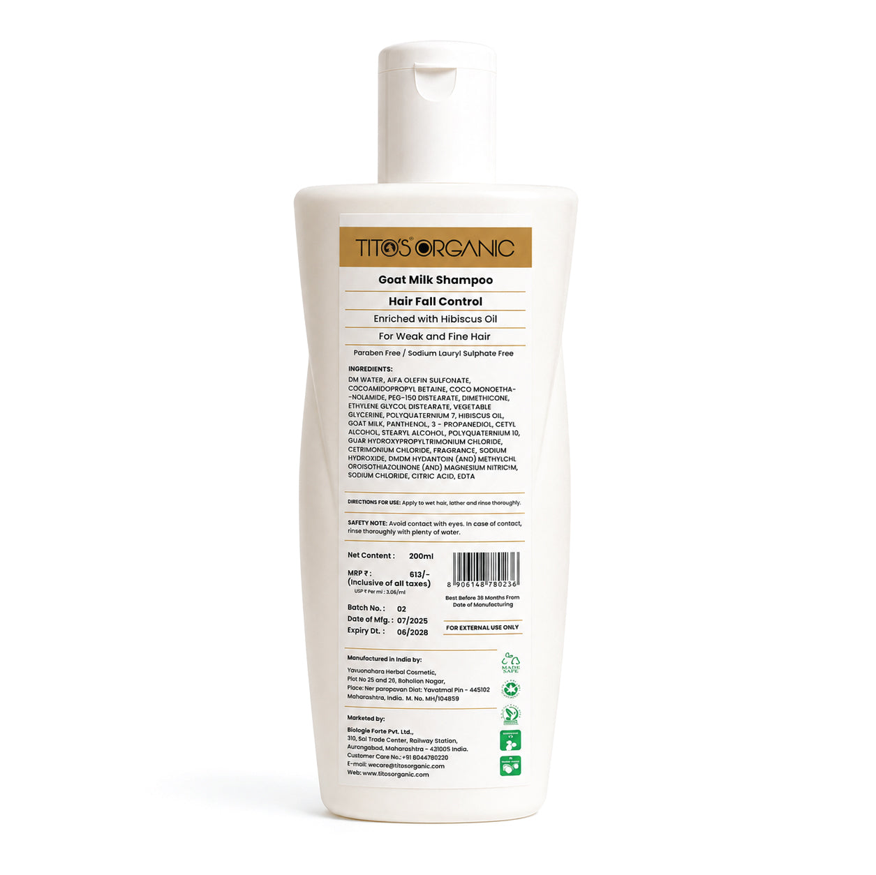 A 500ml white plastic bottle of Tite's Organic Goat Milk Shampoo with a white flip-top cap, showing the back label with product details, on a clean white background.