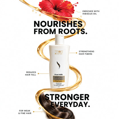 A bottle of TITO'S WISE Goat Milk Hair Fall Control Shampoo centered on a white background, surrounded by decorative gold swirls, a red hibiscus flower at the top, and strands of dark hair at the bottom with marketing text callouts.