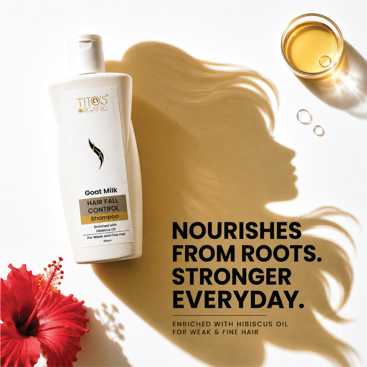 A bottle of TITO'S Organic Goat Milk Hair Fall Control Shampoo is displayed on a white background with a large shadow of a woman's profile. A glass of golden oil and a red hibiscus flower are also present, with bold text on the right reading 'NOURISHES FROM ROOTS.