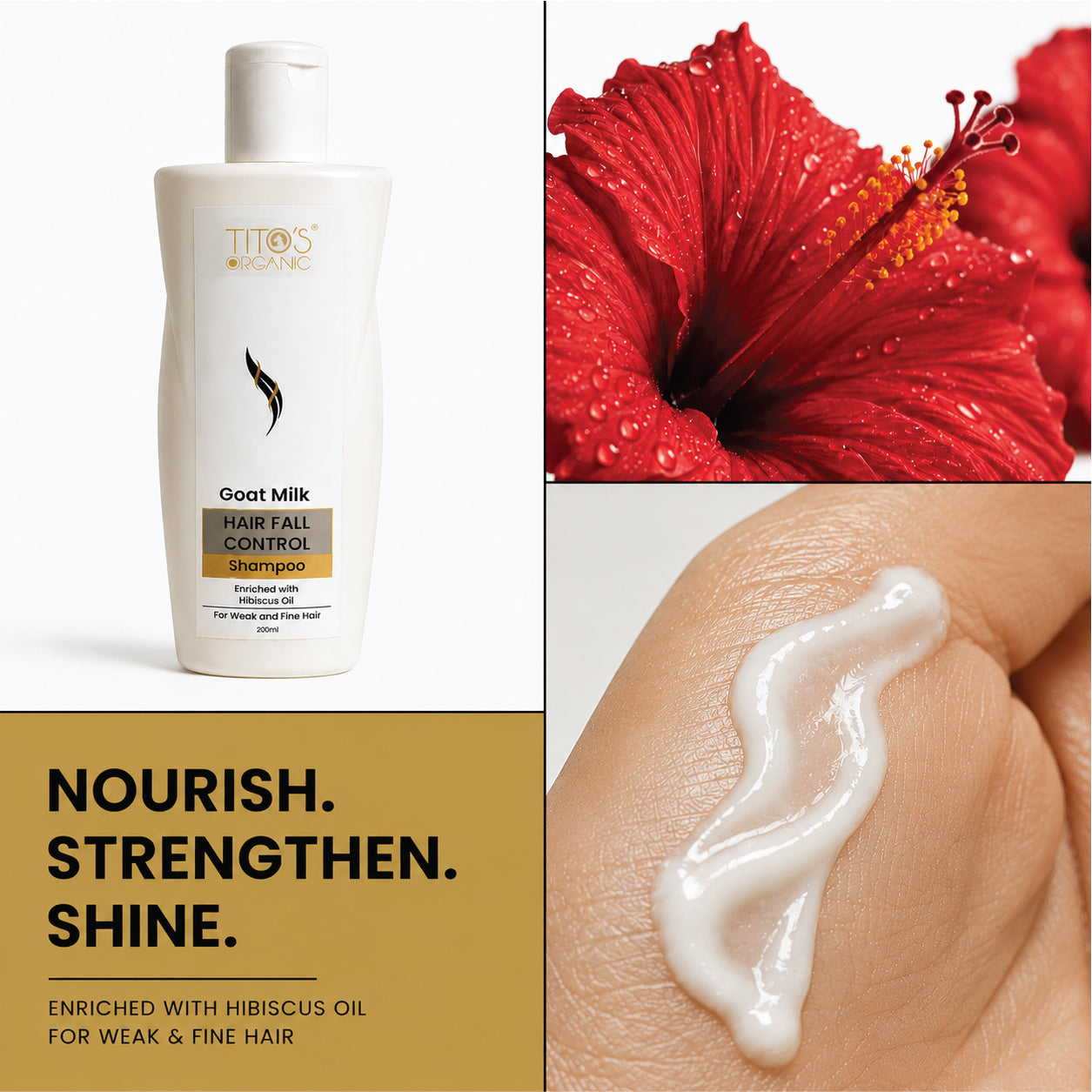 Titos Wonders GooT Milk Hair Fall Control Shampoo bottle shown alongside a red hibiscus flower and a close-up of white gel applied to skin, with marketing text on a gold panel.