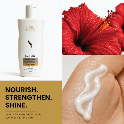 Titos Wonders GooT Milk Hair Fall Control Shampoo bottle shown alongside a red hibiscus flower and a close-up of white gel applied to skin, with marketing text on a gold panel.