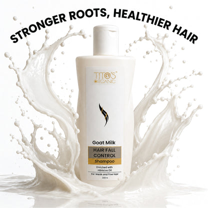 A bottle of Titos Organic Goat Milk Hair Fall Control Shampoo centered against a white background with a milk splash graphic behind it and the text 'STRONGER ROOTS, HEALTHIER HAIR' at the top.