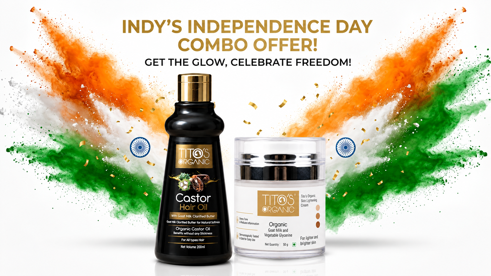 A promotional combo offer featuring a bottle of TITO Organics Castor Hair Oil and a jar of the same brand Organic Hair Growth Serum, set against a white background with orange, white, and green powder splashes and gold text reading 'INDY'S INDEPENDENCE DAY COMBO OFFER!'.
