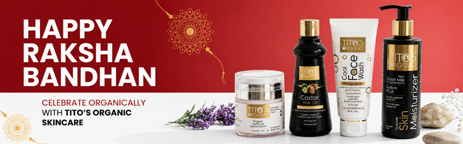 Happy Raksha Bandhan banner featuring Tito’s Organic skincare products including goat milk moisturizer, castor hair oil, cool face wash, and skin moisturizer