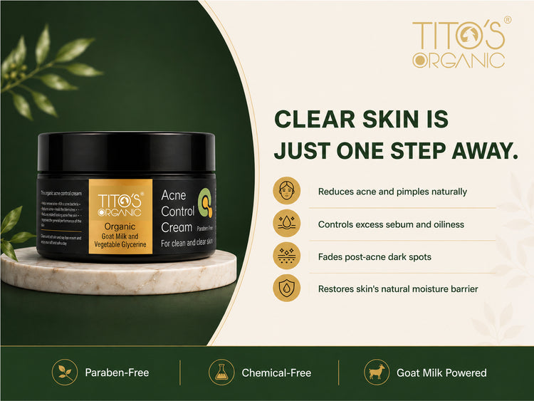 TITO'S ORGANIC Acne Control Cream jar on a marble coaster against a dark green background, with a cream-colored text panel on the right detailing benefits for clear skin.