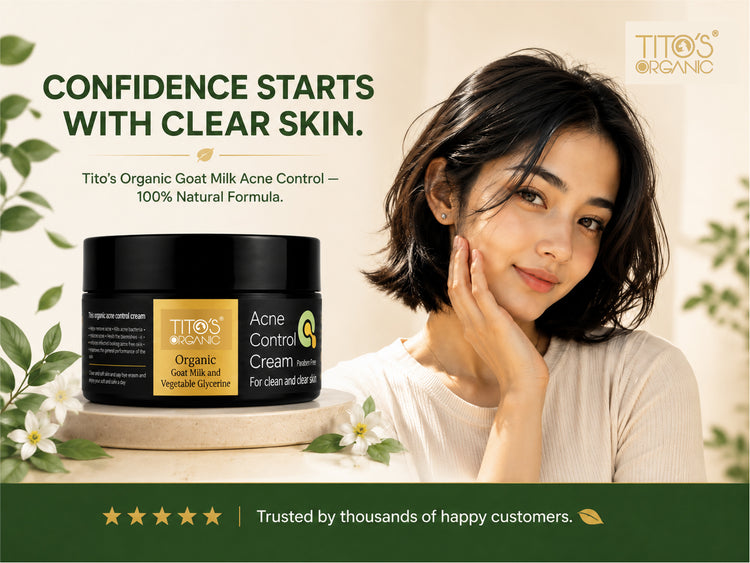 Tito's Organic Acne Control Cream jar displayed next to a smiling woman with clear skin, set against a warm beige background with decorative green leaves and white flowers.