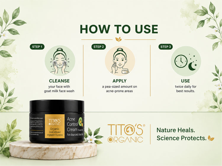 An instructional graphic titled 'HOW TO USE' for Tito's Organic Acne Control Cream, showing three illustrated steps: cleanse, apply, and use. The product jar is displayed on a marble pedestal at the bottom left against a light cream background with decorative leaves.