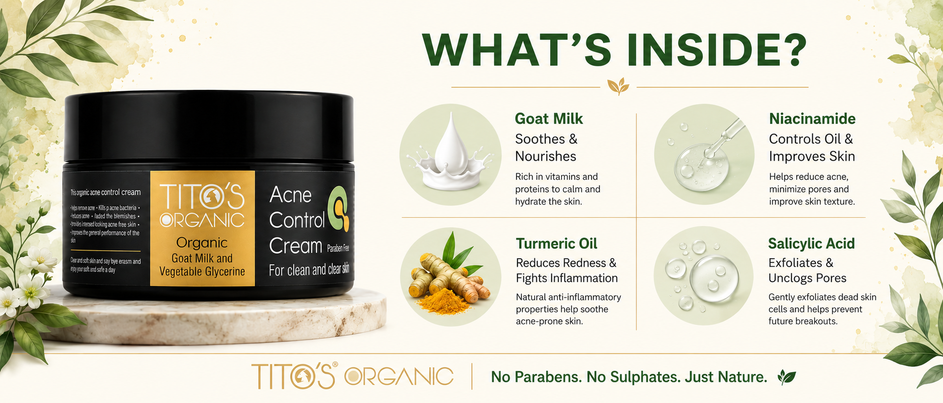 Titos Organic Acne Control Cream jar shown on a decorative infographic layout titled 'WHAT'S INSIDE?' with ingredient callouts including goat milk, turmeric oil, niacinamide, and salicylic acid.