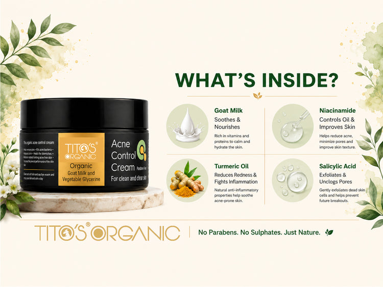 Titos Organic Acne Control Cream jar shown on a light cream background with decorative leaves and text detailing ingredients including goat milk, turmeric oil, niacinamide, and salicylic acid.