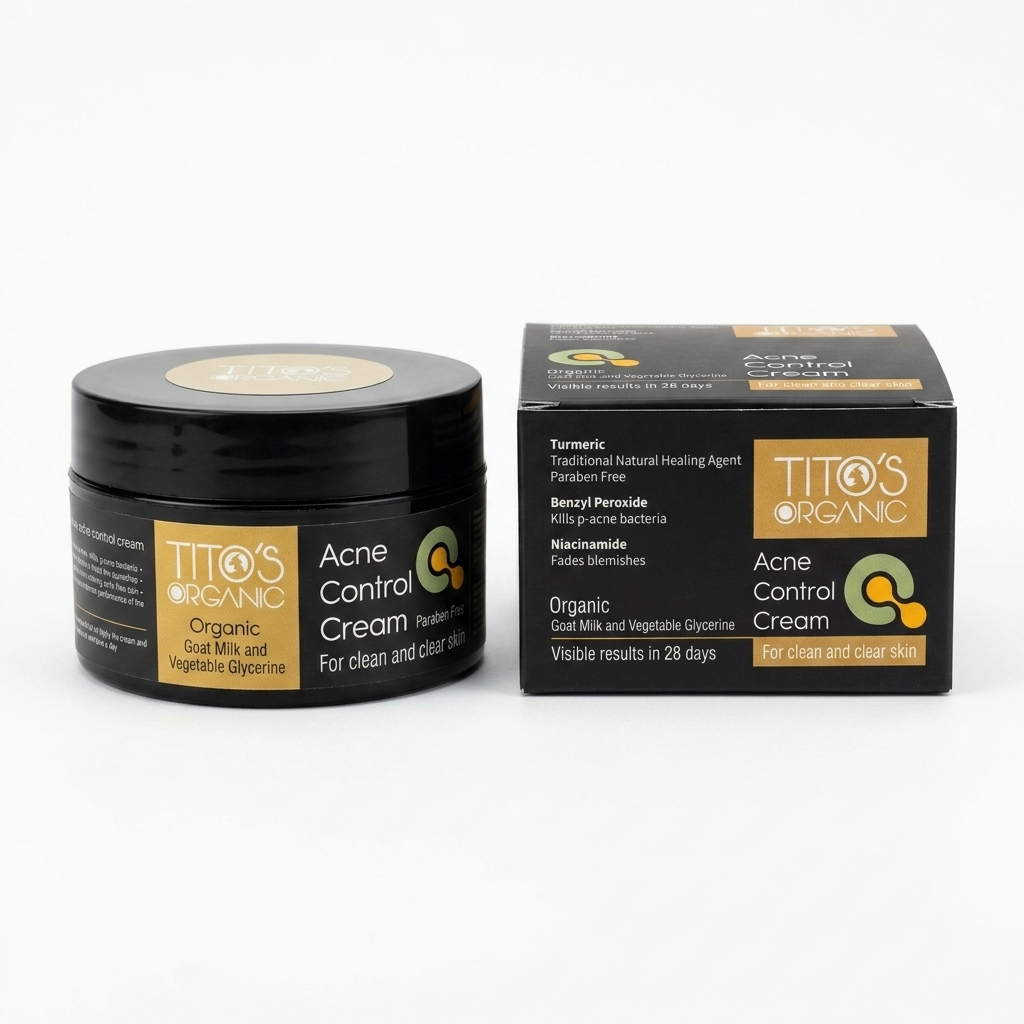 Tito’s Organic Acne Control Cream with outer box packaging for clean and clear skin