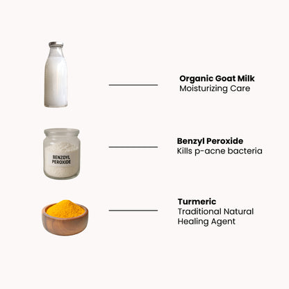 Key ingredients in Tito’s Organic acne control cream including goat milk, benzoyl peroxide, and turmeric
