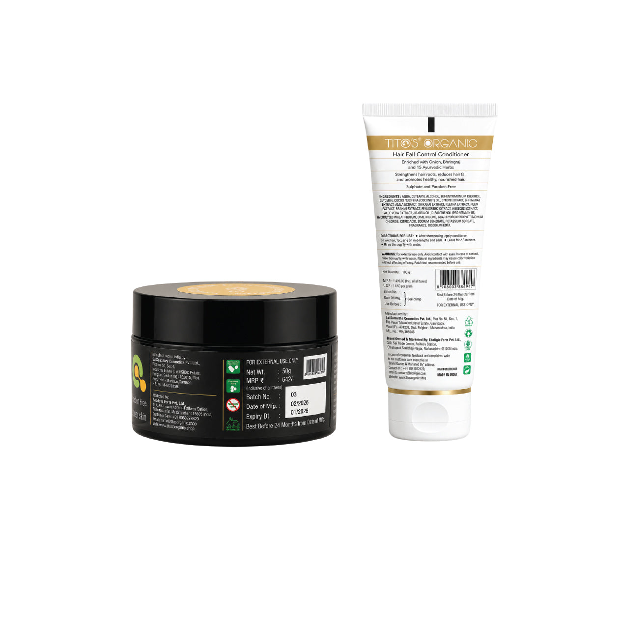 Back view of Tito's Organic Acne Kit showing ingredients, directions for use and product information for the Face Wash and Acne Control Cream