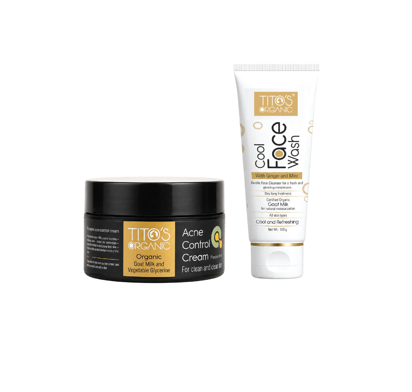 Tito's Organic Acne Kit featuring Goat Milk Face Wash and Acne Control Cream for a complete daily acne care routine