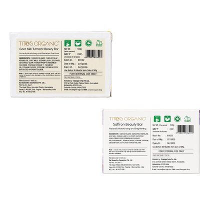Back view of Tito's Organic Bath Combo showing ingredients, usage instructions and product information for the Turmeric and Saffron Beauty Bars.