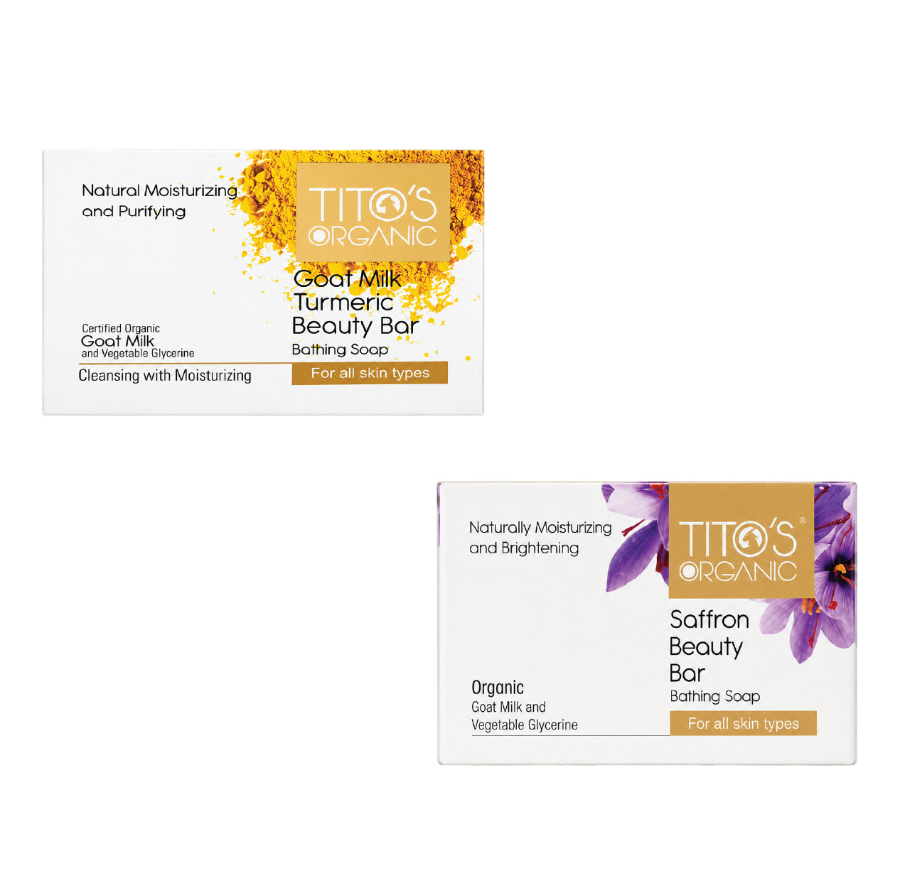 Front view of Tito's Organic Bath Combo with Goat Milk Turmeric Beauty Bar and Goat Milk Saffron Beauty Bar.
