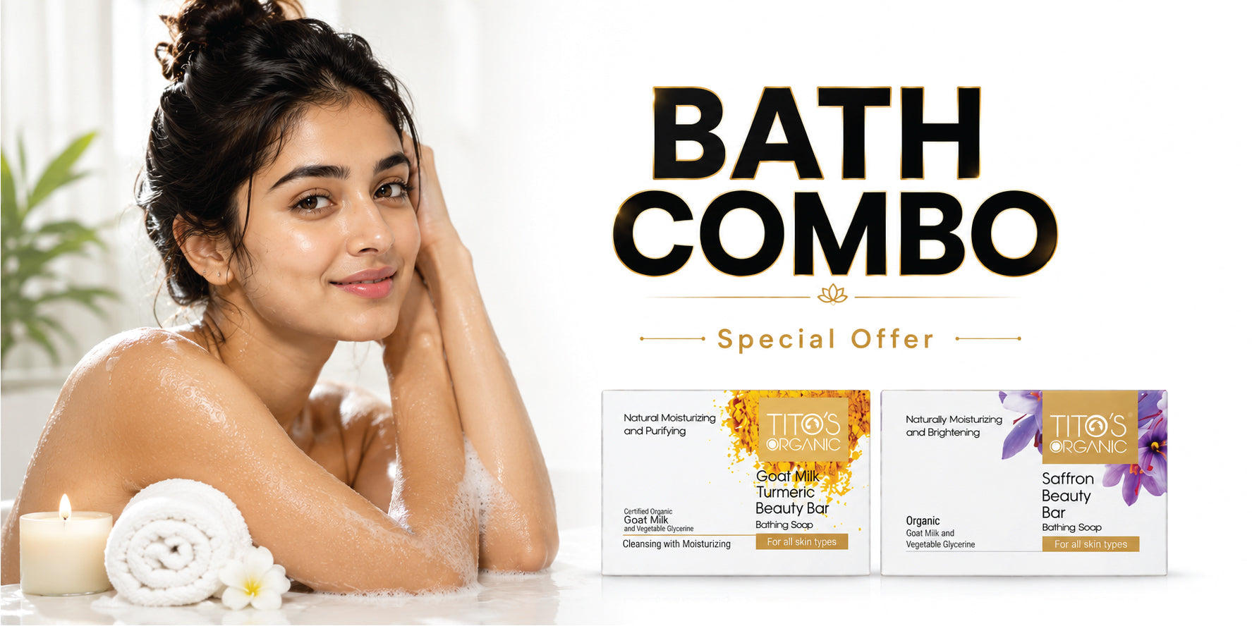 Tito's Organic Bath Combo featuring Goat Milk Turmeric Beauty Bar and Goat Milk Saffron Beauty Bar for a premium daily bathing routine.