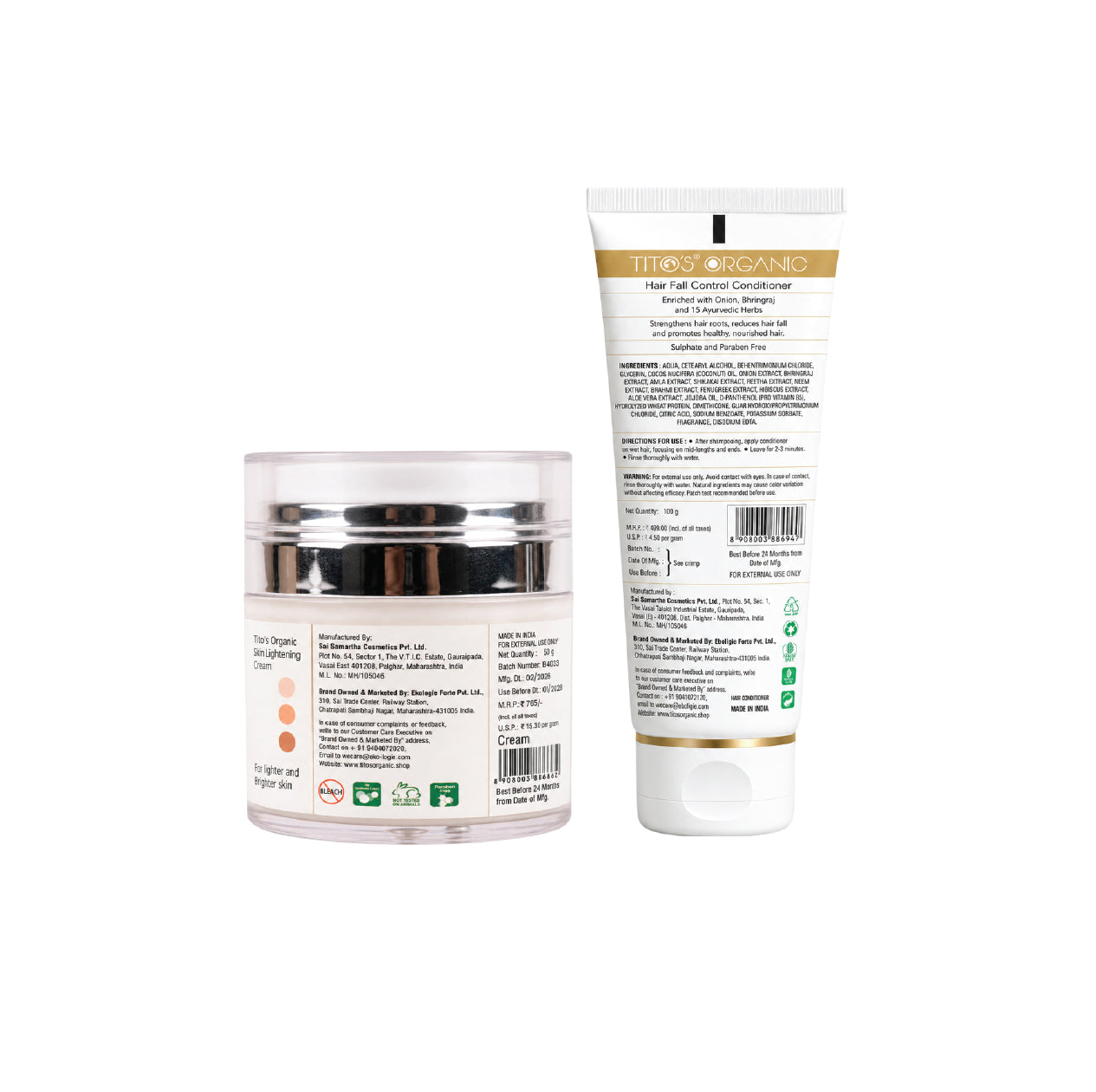 Back view of Tito's Organic Bright Skin Kit showing ingredients, usage directions and product information for the Face Wash and Skin Lightening Cream.