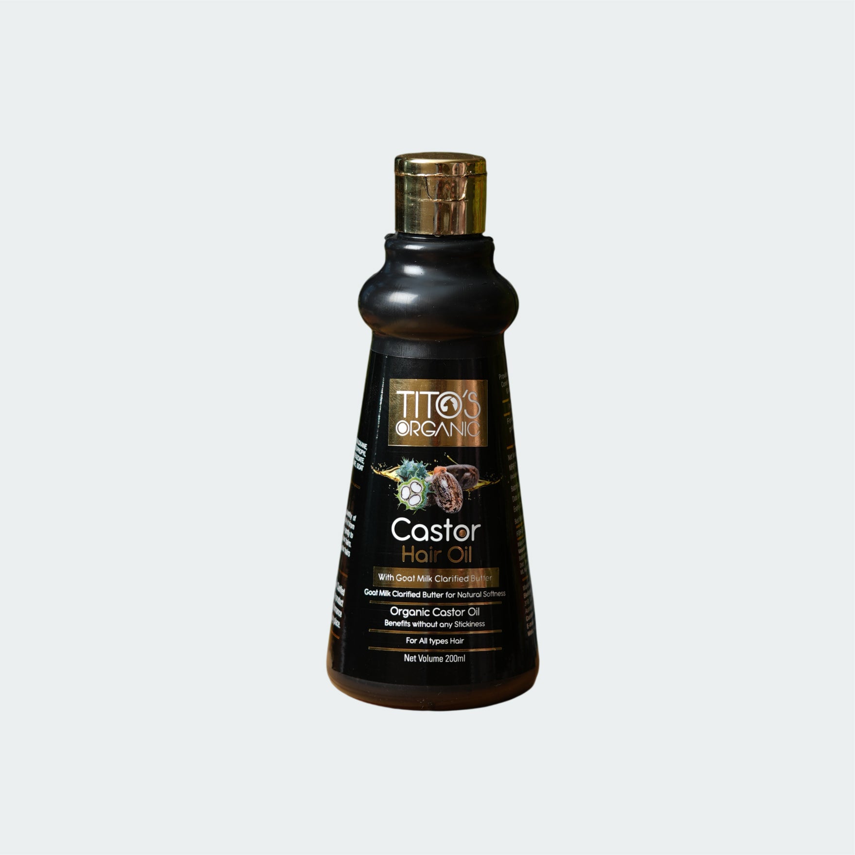 Tito’s Organic Castor Hair Oil with goat milk clarified butter front view for stronger healthier nourished hair