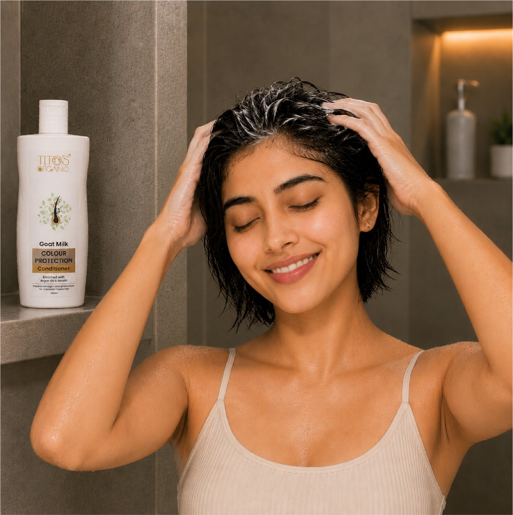 Woman using Tito’s Organic Goat Milk Colour Protection Conditioner in shower for color-treated hair care