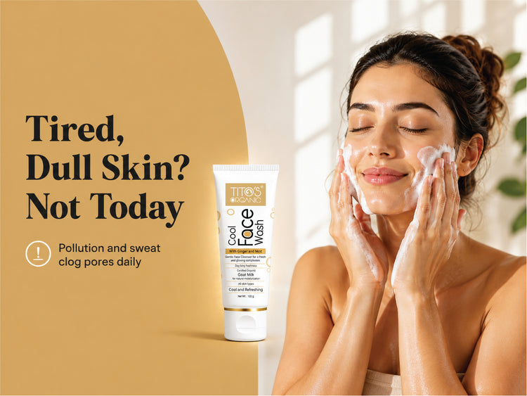 A skincare ad showing a woman washing her face with foaming cream on her hands and face, next to a tube of ITTO'S Clear Skin Gel. The background is a warm beige with text reading 'Tired, Dull Skin? Not Today'.