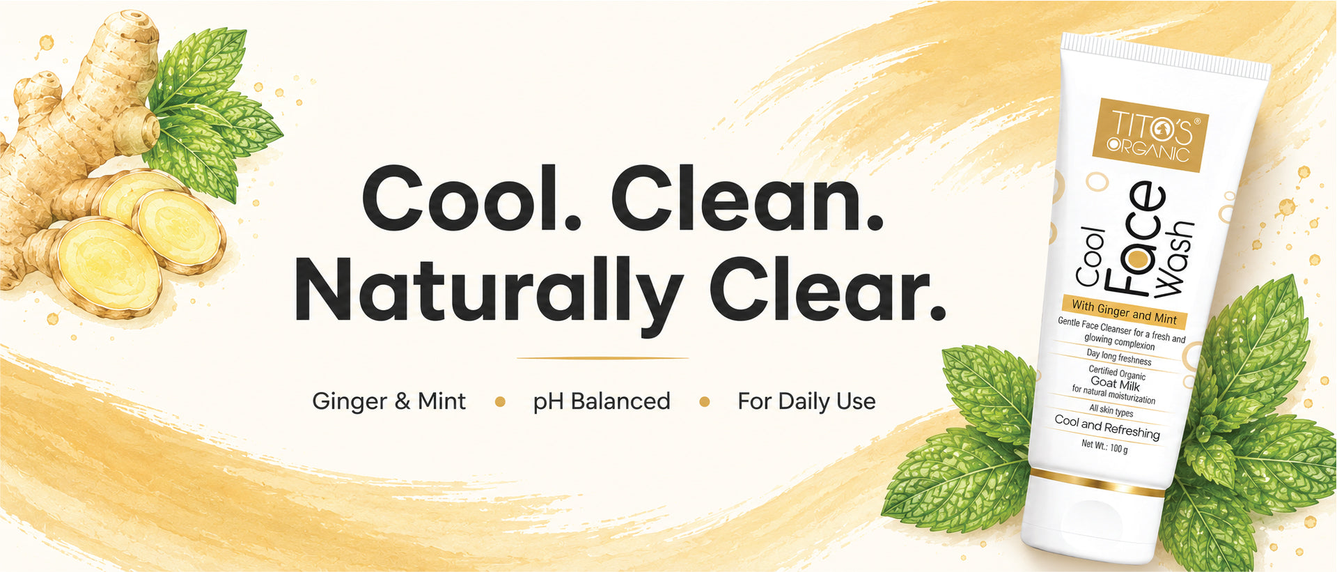 Tita's Co2 Face Wash tube shown on the right side of a promotional graphic with ginger slices, mint leaves, and text reading 'Cool. Clean.