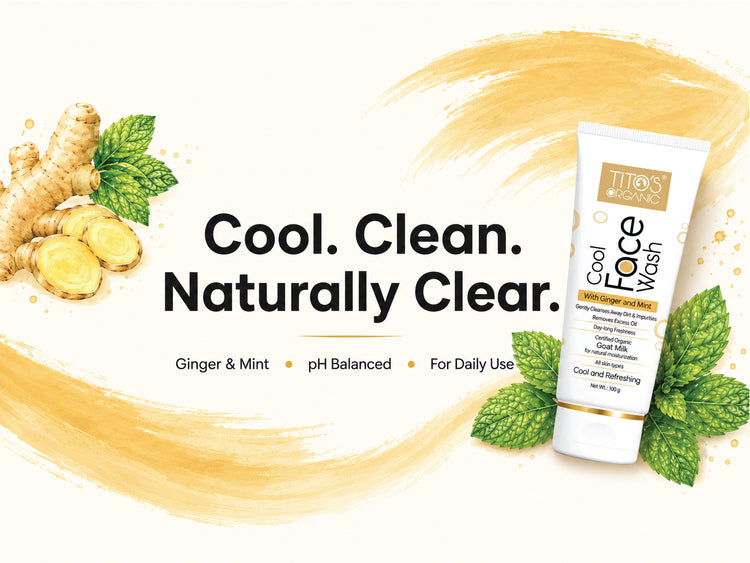 A tube of Tita's Cool Face Wash is displayed on a clean, off-white background decorated with golden watercolor brushstrokes, fresh ginger roots and slices, and mint leaves. The text reads 'Cool.