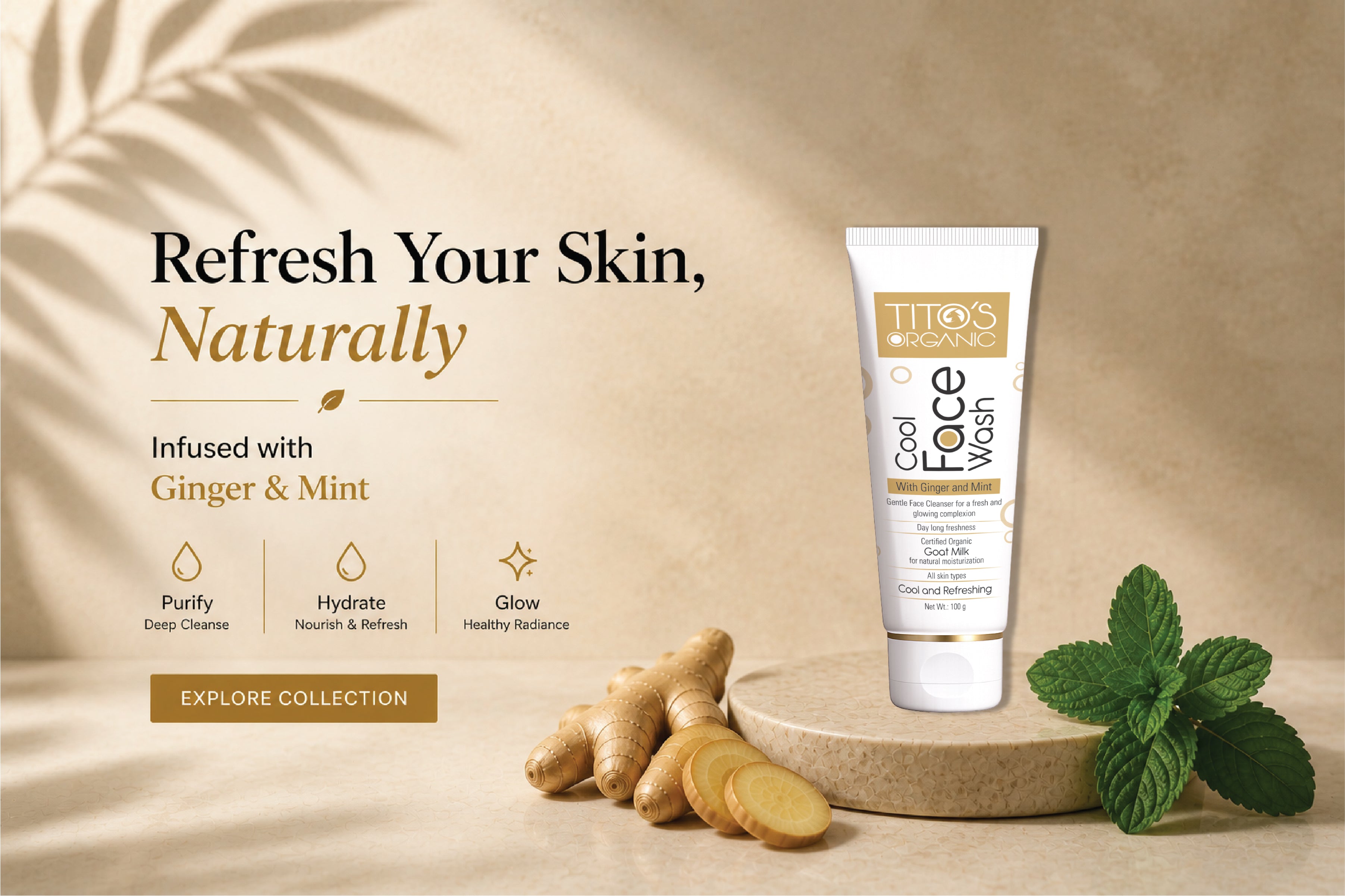 Face Wash with ginger and mint for deep cleansing hydration and refreshed glowing skin Tito’s Organic