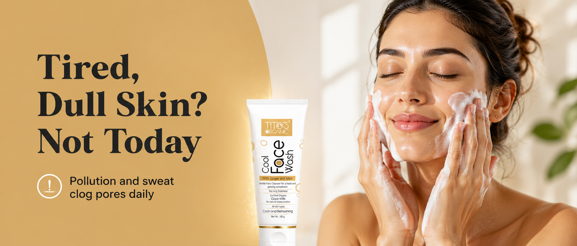 A promotional skincare ad showing a woman washing her face with foaming cleanser, alongside a tube of COSRX Coffee Wash, with text reading 'Tired, Dull Skin? Not Today'.