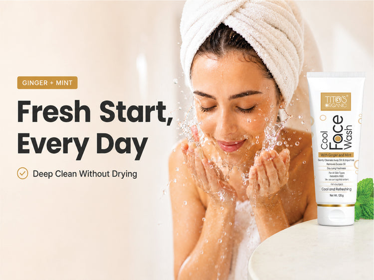 A woman with a white towel wrapped around her hair splashes water on her face beside a tube of TITAN'S Cool Face Wash. Text on the left reads 'GINGER + MINT Fresh Start, Every Day' with a benefit callout.