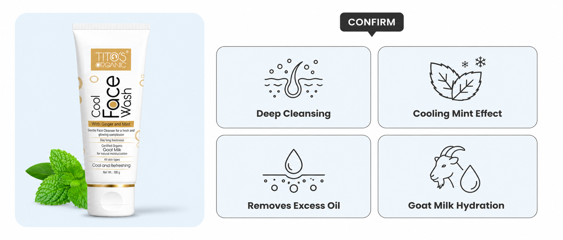 Titan's Cool Face Wash tube shown next to mint leaves on a light blue background, with four feature callout boxes describing deep cleansing, cooling mint effect, removes excess oil, and goat milk hydration.