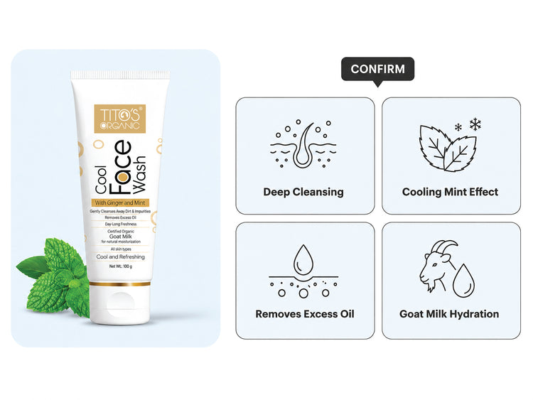 Titan's Premium Cool Face Wash tube shown on a light blue panel with mint leaves, alongside four feature icons for deep cleansing, cooling mint effect, removal of excess oil, and goat milk hydration.
