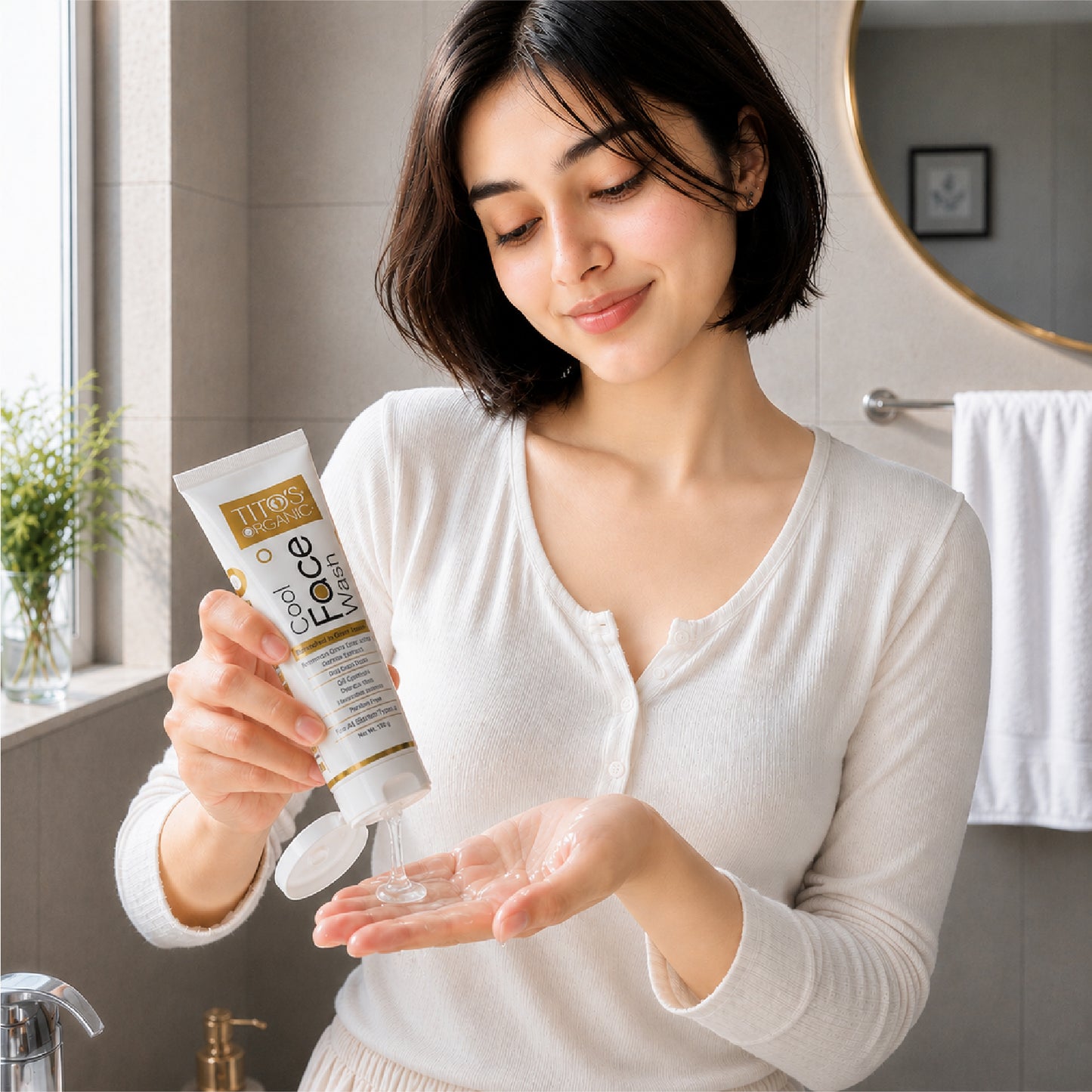 Woman using Tito’s Organic Cool Face Wash in skincare routine for refreshed and clean skin