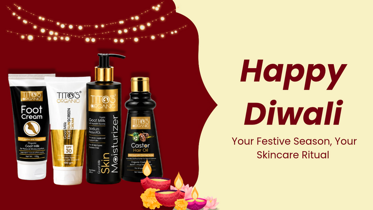 Tito’s Organic Diwali mobile banner showcasing skincare and hair care products with festive diyas and the message “Happy Diwali”.